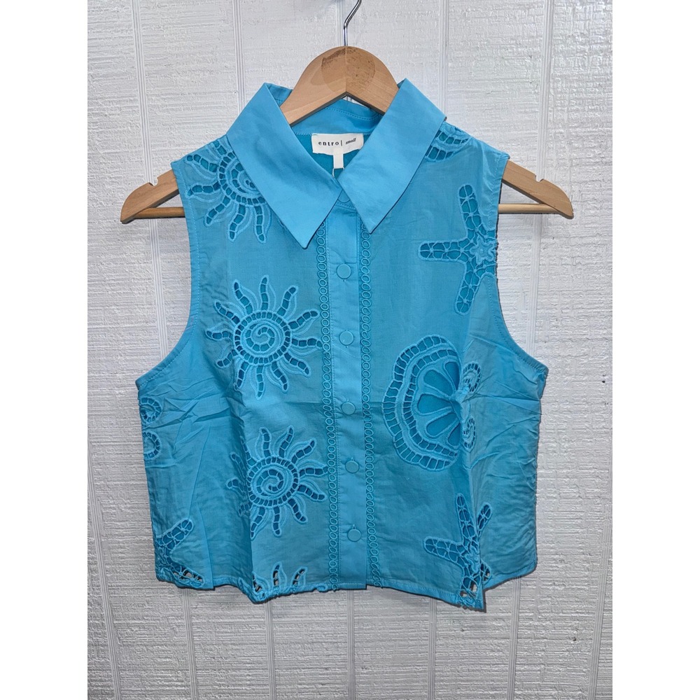 Entro Sleeveless Top Women Turquoise Blue Coastal Eyelet Starfish Sun Small